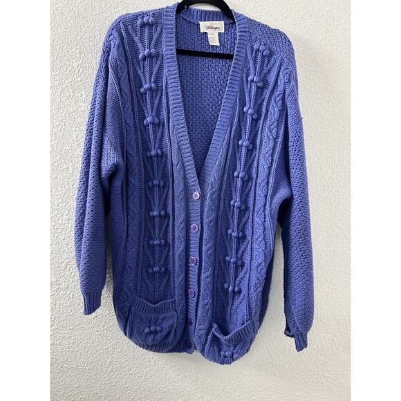 Vintage Worthington Blue ButtonUp Oversized VNeck Long Chunky Cardigan 3D Knit L - Picture 1 of 12